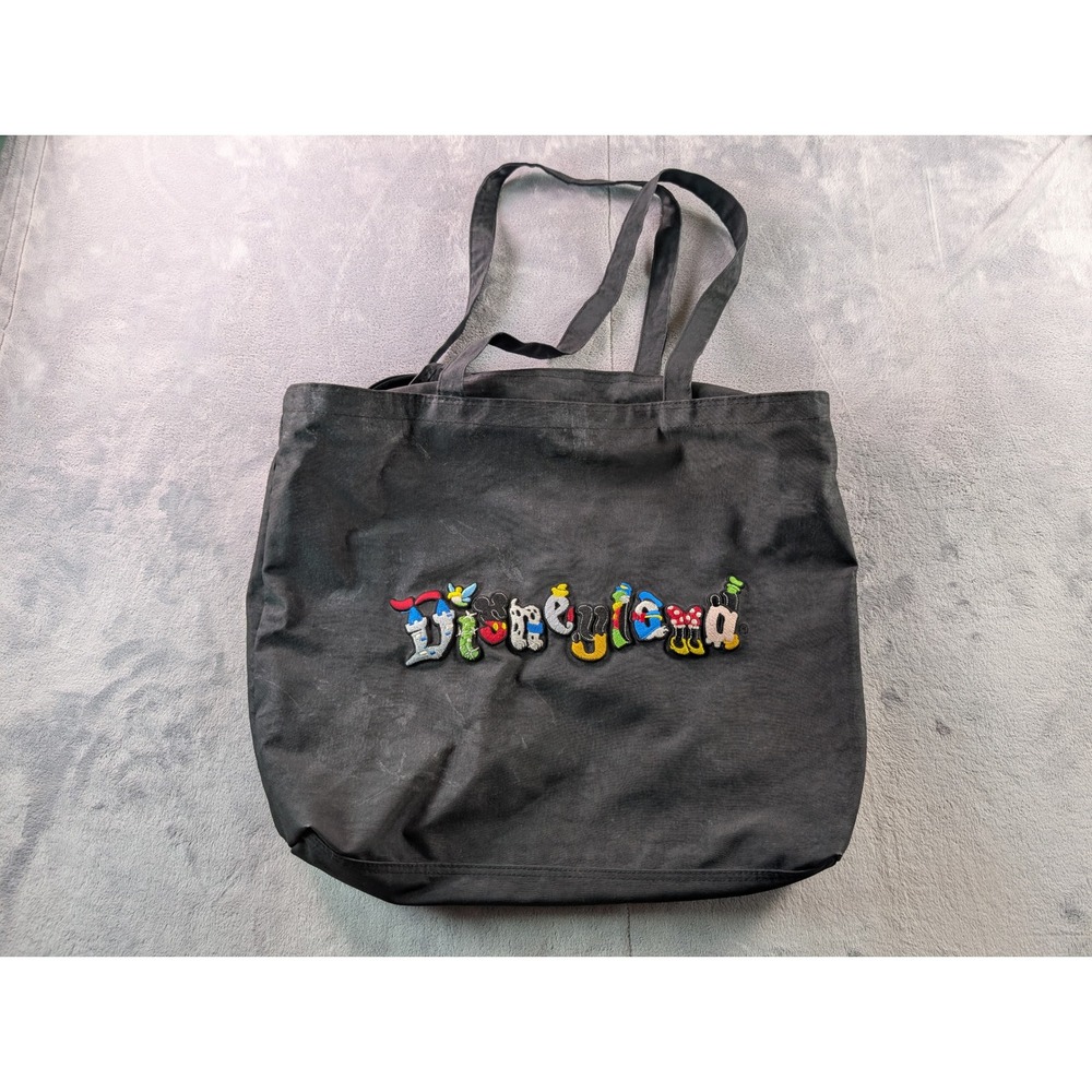 Disney Disneyland Black Canvas Tote Bag Embroidered Character Logo Zip Closure
